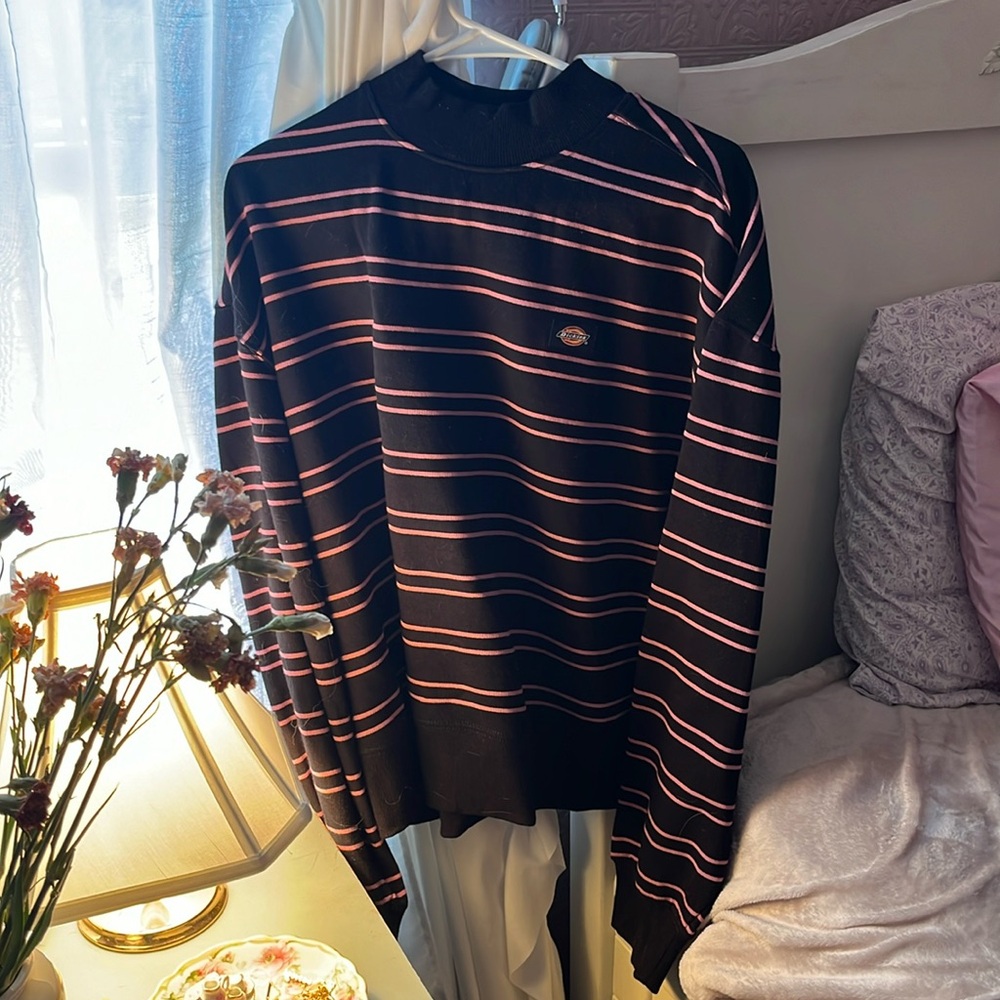 Pink and black striped “dickies” crew neck sweatshirt size S